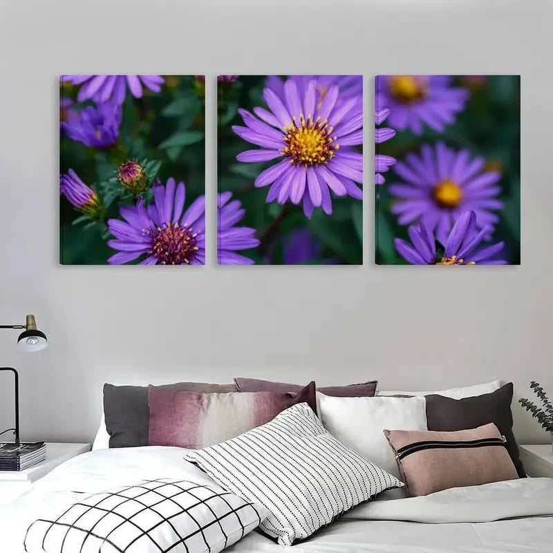 3pcs Bunch of Purple Asters with Yellow Wall Art Set Canvas Framed 50x70cm - High Quality Print 100% Australian Made Wall Canvas Ready to Hang - Bella Home Decor