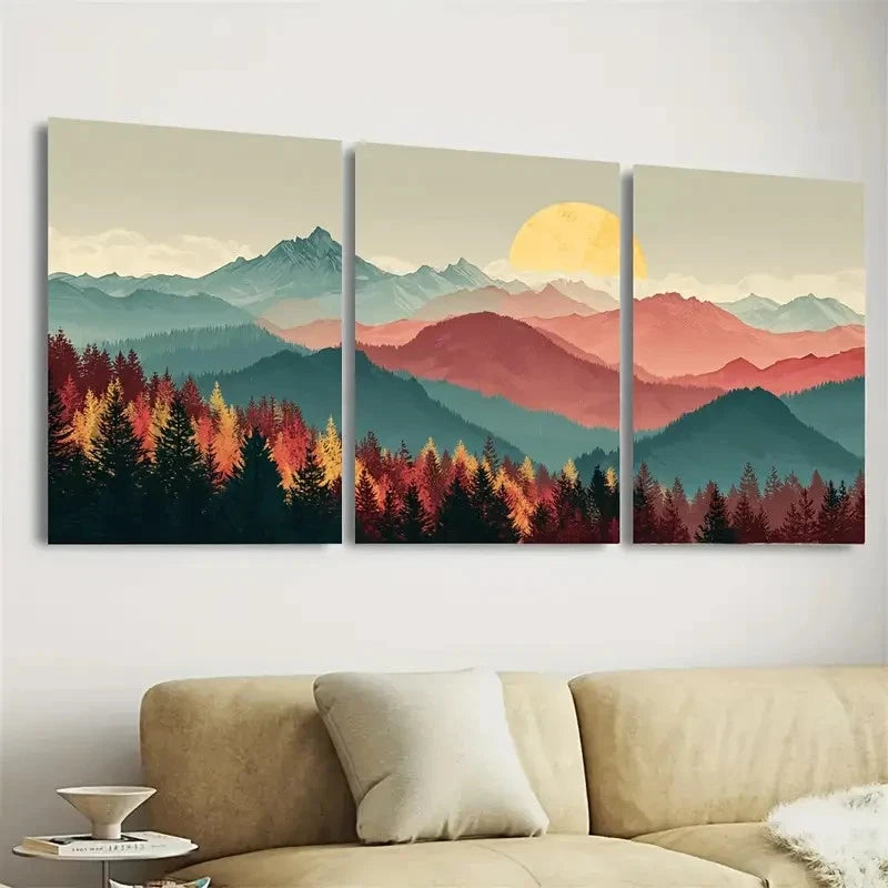 3pcs Golden Hour Mountains and Forest Wall Art Set Canvas Framed 40x60cm - High Quality Print 100% Australian Made Wall Canvas Ready to Hang - Bella Home Decor