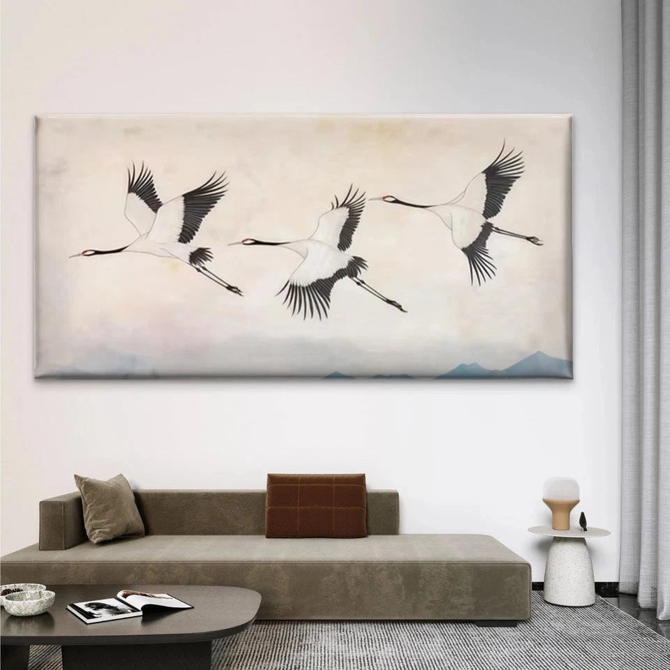 Korean Inspired Flying Cranes Wall Art Canvas Office Home Room Framed 120x60cm
