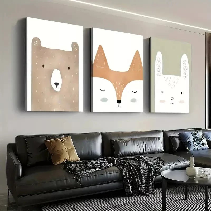3pcs Artistic Modern Simple Cute Animals Face Wall Art Set Canvas Framed 50x70cm - High Quality Print 100% Australian Made Wall Canvas Ready to Hang - Bella Home Decor