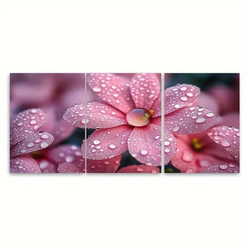 3pcs Morning Dew Droplets on Pink Flower ET Wall Art Set Canvas Framed 60x90cm - High Quality Print 100% Australian Made Wall Canvas Ready to Hang
