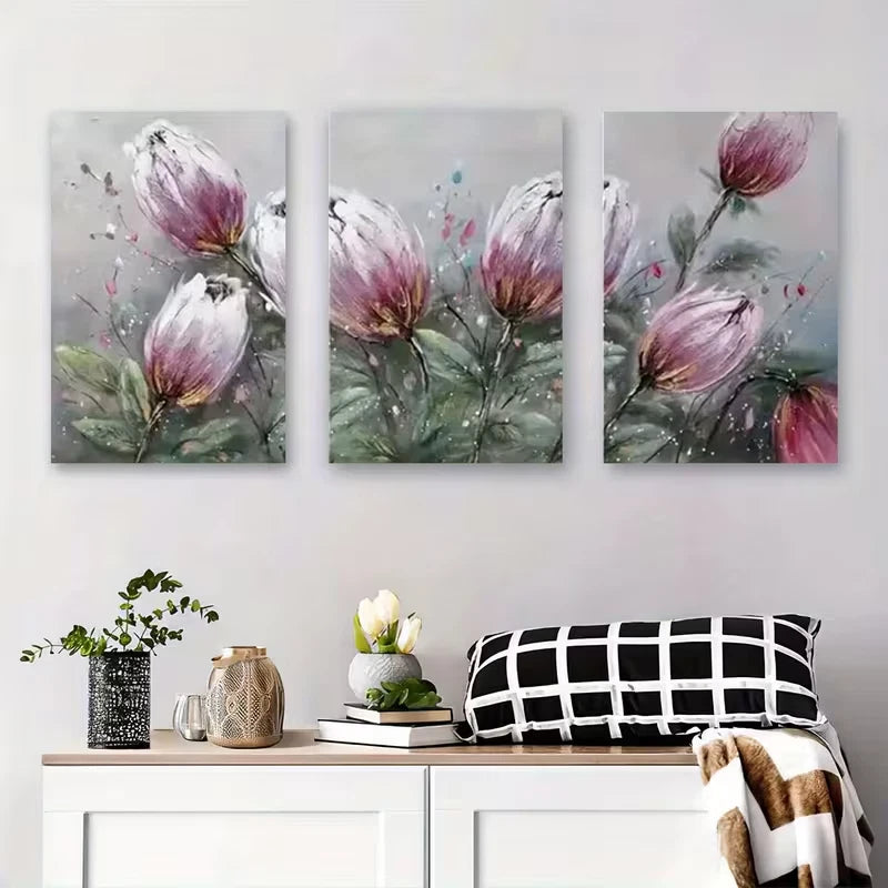3pcs Featuring Purple Flowers Metal Print Ready to Hang Art