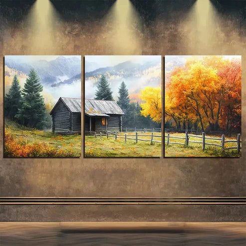3pcs Beautiful Autumn Scenery Log Cabin Perfect Wall Art Set Canvas Unframed - High Quality Print 100% Australian Made Wall Canvas - Bella Home Decor