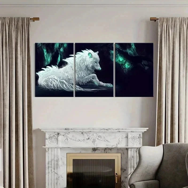 3pcs White Wolf Modern Fantasy Animal Wall Art Set Canvas Framed 50x70cm - High Quality Print 100% Australian Made Wall Canvas Ready to Hang