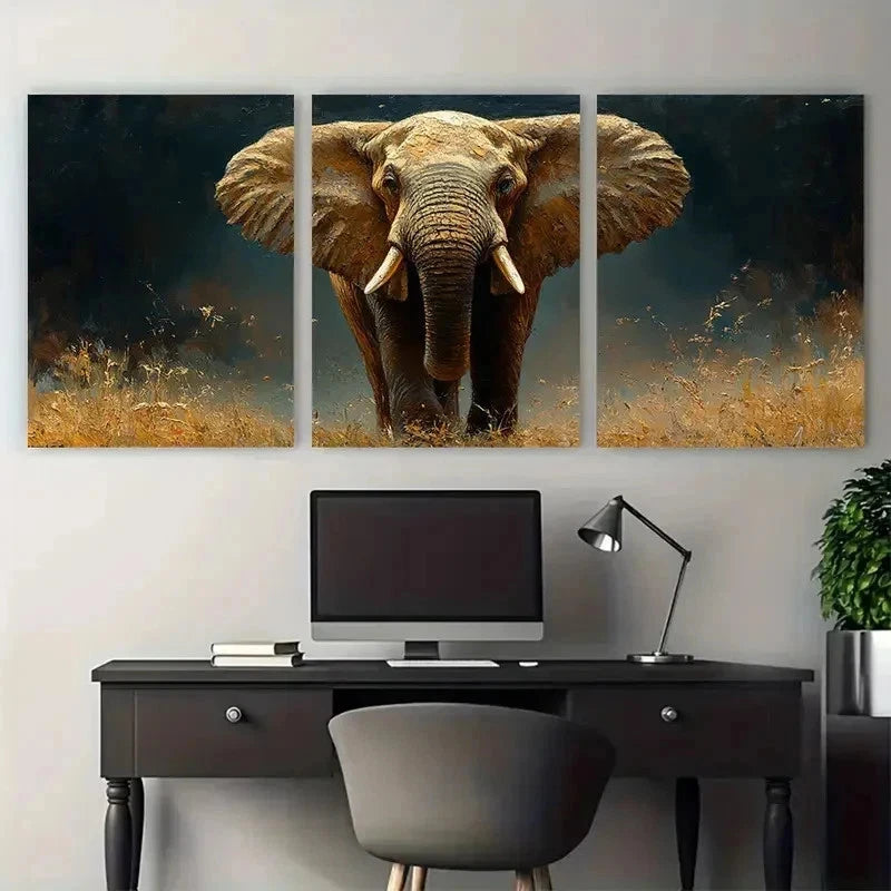 3pcs Elephant Original African Animals Perfect Wall Art Set Canvas Framed 50x70cm - High Quality Print 100% Australian Made Wall Canvas Ready to Hang