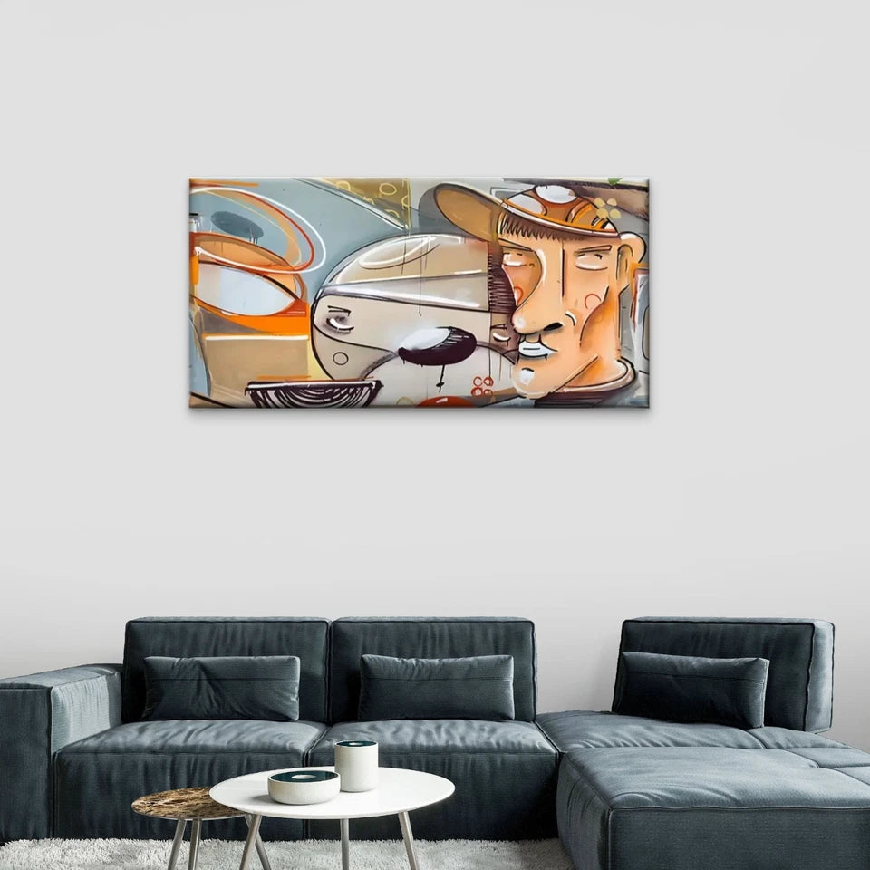 Man Hat Dog Abstract Wall Art Canvas Office Home Room Framed 120x60cm
