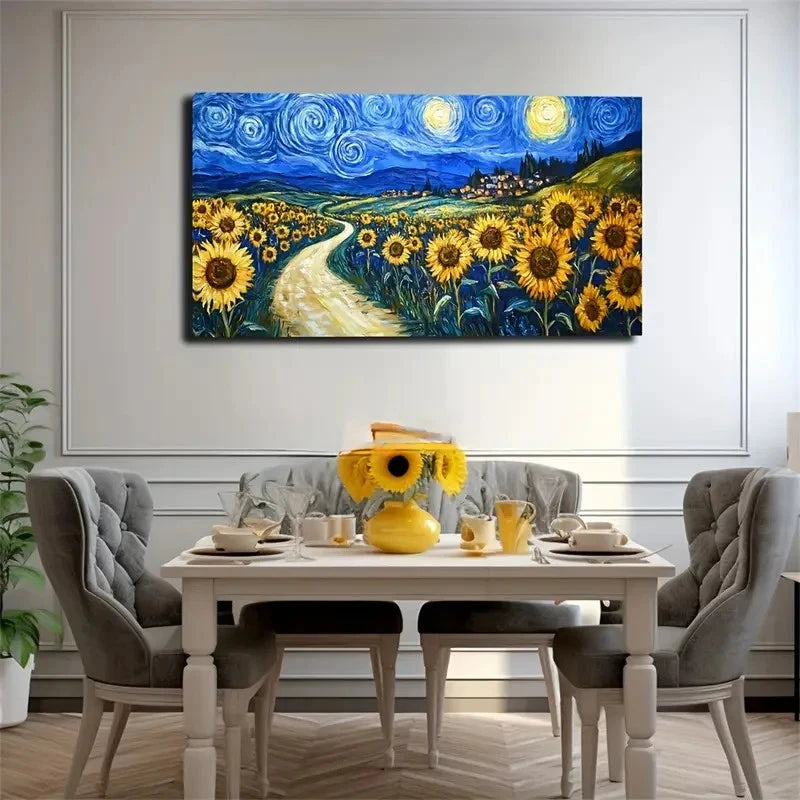 Sunflowers Under The Moonlight Wall Art Canvas Office Home Room Framed 120x60cm