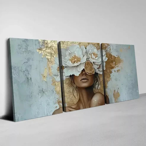 3pcs Abstract Golden White Flower Woman Painting Wall Art Canvas Unframed - High Quality Print 100% Australian Made Wall Canvas - Bella Home Decor