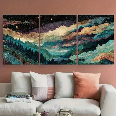 3pcs Starry Night Sky & Mountain Range Wall Art Canvas Unframed - High Quality Print 100% Australian Made Wall Canvas