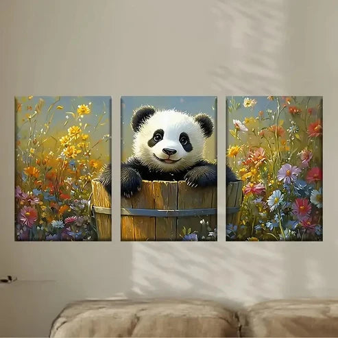 3pcs a Panda Bear Perched on a Wooden Barrel Wall Art Set Canvas Unframed - High Quality Print 100% Australian Made Wall Canvas - Bella Home Decor