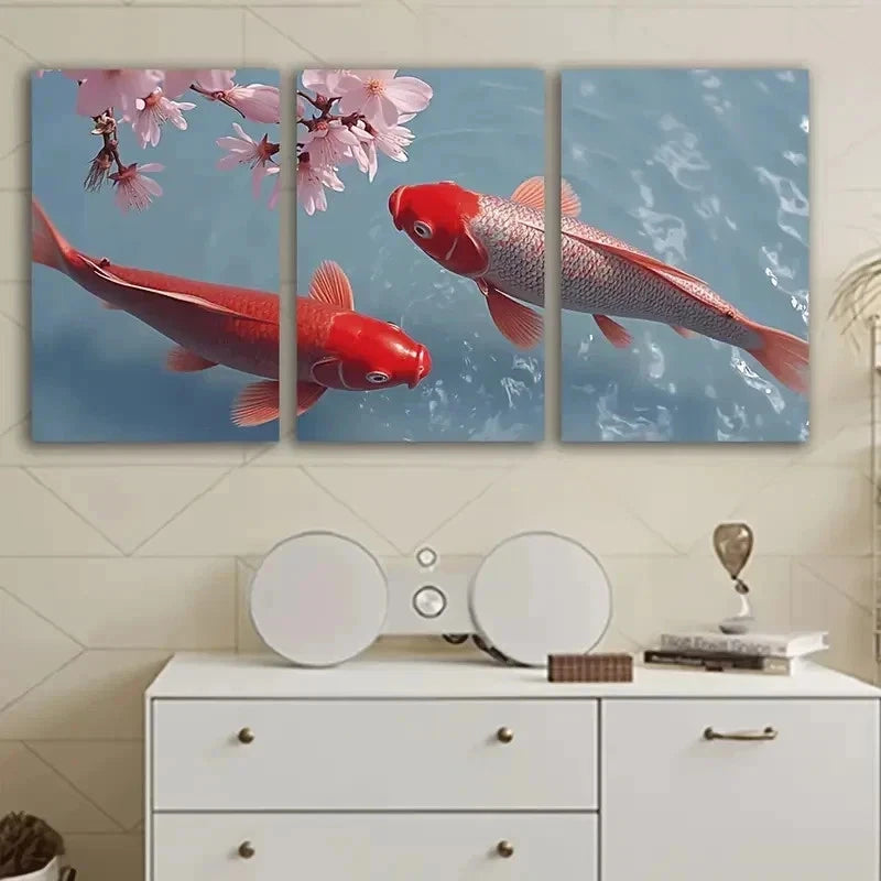 3pcs Red Koi Fish And Cherry Blossoms Wall Art Set Canvas Framed 40x60cm - High Quality Print 100% Australian Made Wall Canvas Ready to Hang
