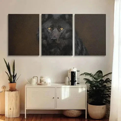 3pcs Black Wolf Staring with Golden Eyes Wall Art Set Canvas Unframed - High Quality Print 100% Australian Made Wall Canvas - Bella Home Decor