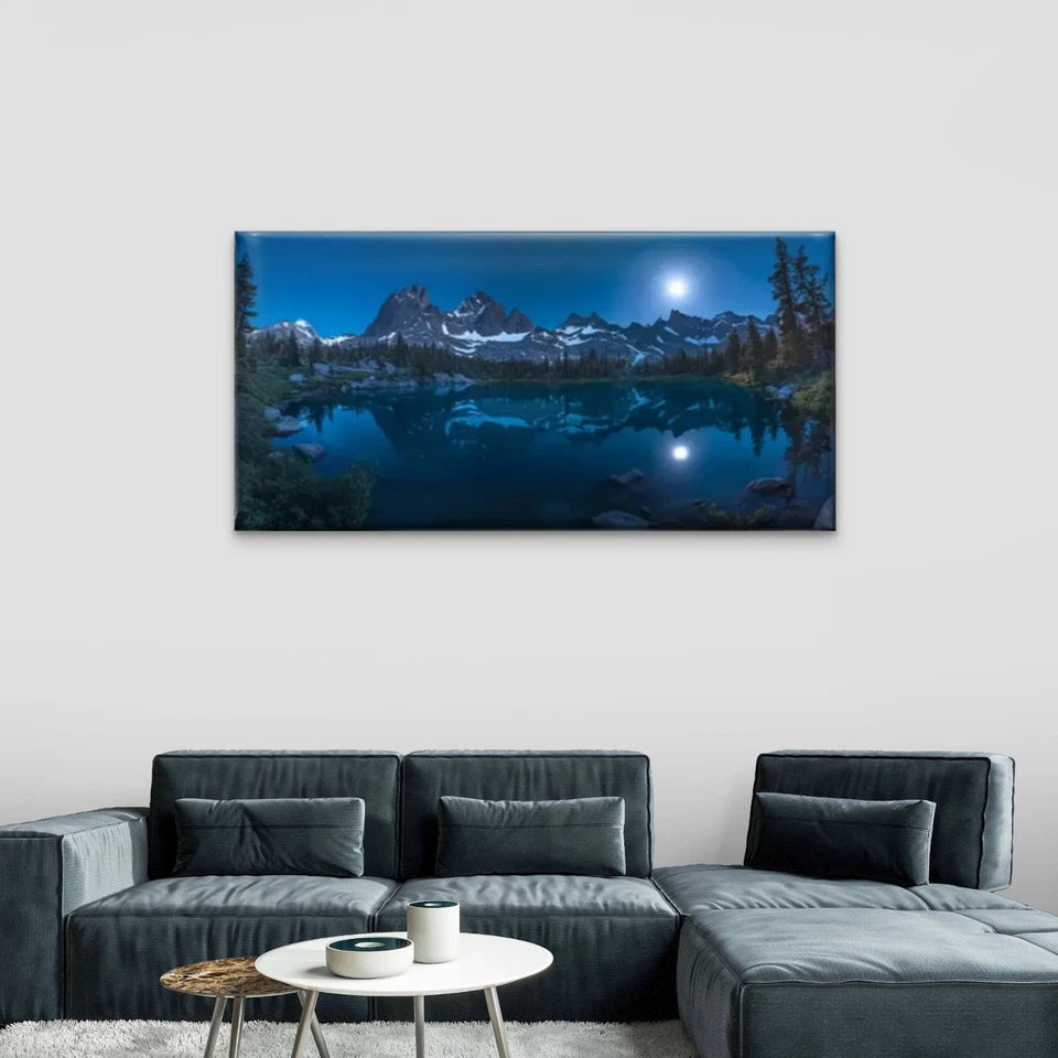 Moon Over Sierra Mountain Lake Wall Art Canvas Office Home Room Framed 120x60cm