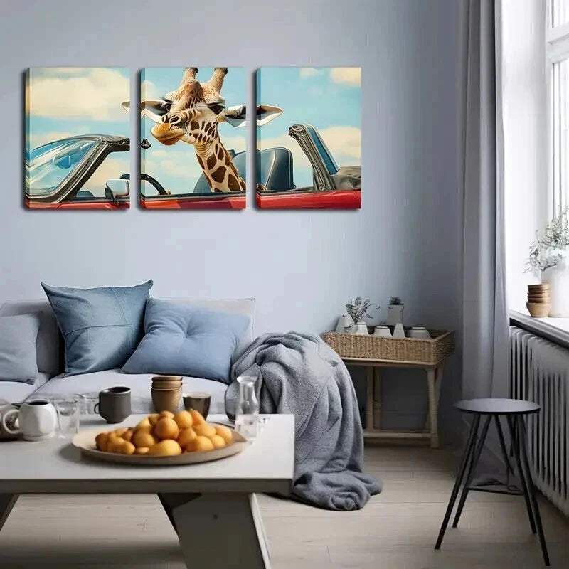 3pcs Whimsical Giraffe Red Convertible Perfect Wall Art Set Canvas Framed 50x70cm - High Quality Print 100% Australian Made Wall Canvas Ready to Hang - Bella Home Decor
