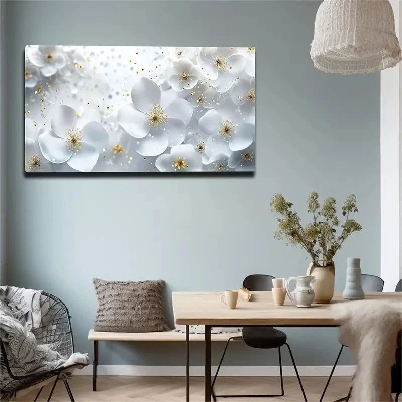 Stunning White Floral Wall Art Canvas Office Home Room Framed 120x60cm
