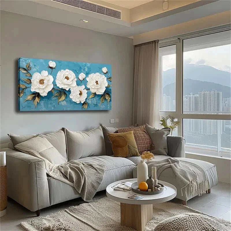 Blooming White Flowers & Buds Wall Art Canvas Office Home Room Framed 120x60cm - Bella Home Decor