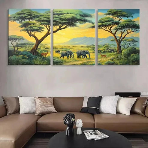 3pcs Safari Landscape Wildlife Scene Perfect Wall Art Canvas Unframed - High Quality Print 100% Australian Made Wall Canvas