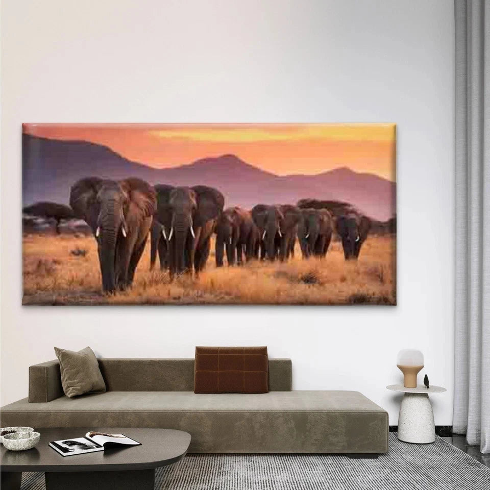 Elephant with Sunset Savannah Wall Art Canvas Office Home Room Framed 120x60cm