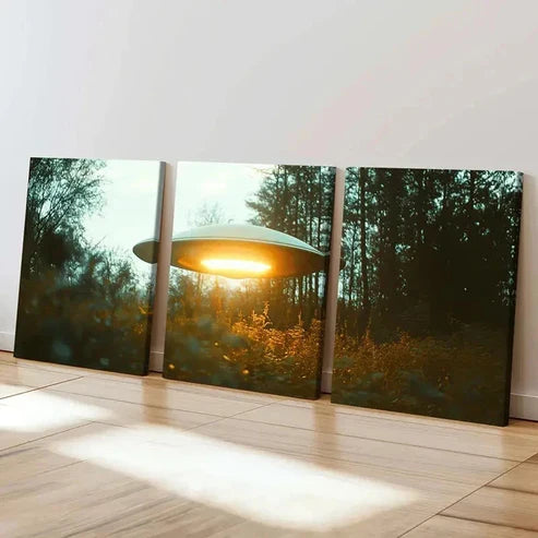 3pcs Ufos In The Mountains And Forests Wall Art Set Canvas Unframed - High Quality Print 100% Australian Made Wall Canvas