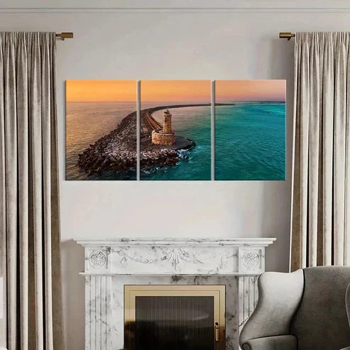 3pcs Sunset Sea Lighthouse Pier Modern Wall Art Canvas Unframed – High Quality Print 100% Australian Made Wall Canvas