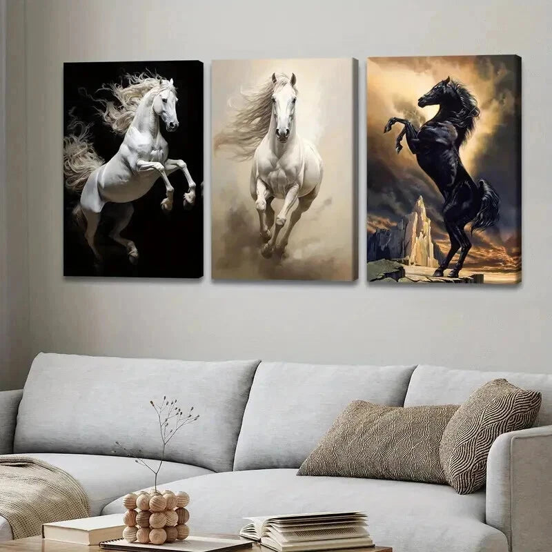 3pcs Horse Paintings Running Horse Black & Gold Wall Art Set Canvas Framed 50x70cm - High Quality Print 100% Australian Made Wall Canvas Ready to Hang