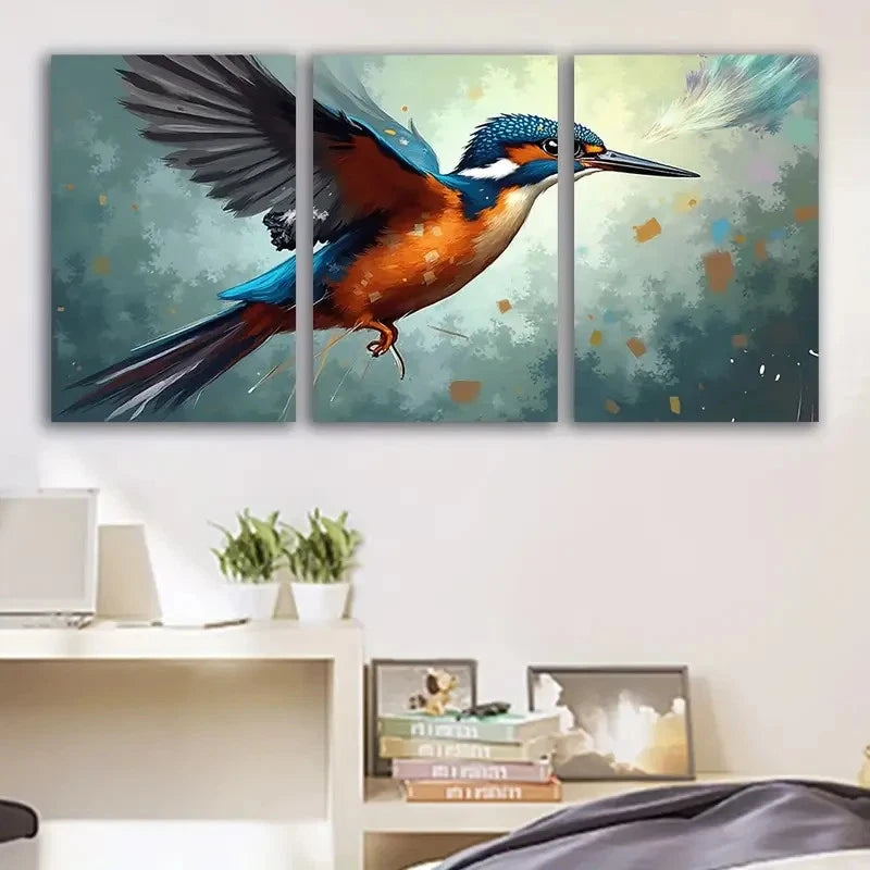 3pcs Kingfisher in Flight Nature Scene Wall Art Set Canvas Framed 50x70cm - High Quality Print 100% Australian Made Wall Canvas Ready to Hang