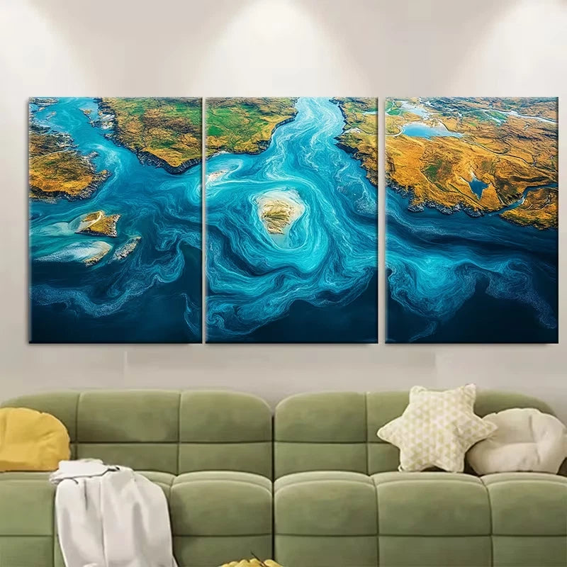3pcs Swirling Natural Vivid Blue Rivers Aerial Metal Print Ready to Hang Art