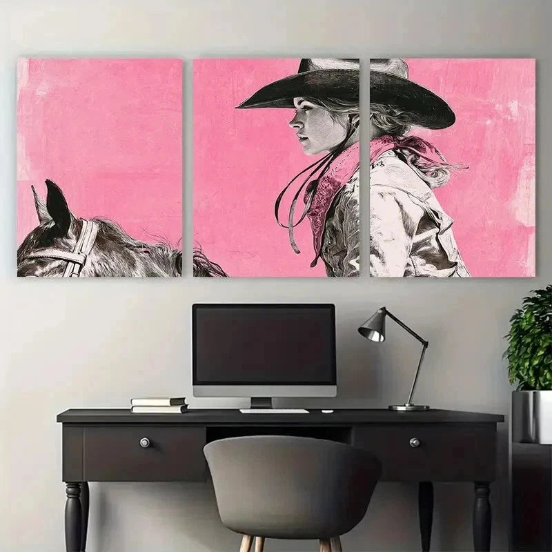 3pcs Cowgirl Painting Aesthetic Western Perfect Wall Art Set Canvas Framed 50x70cm - High Quality Print 100% Australian Made Wall Canvas Ready to Hang - Bella Home Decor