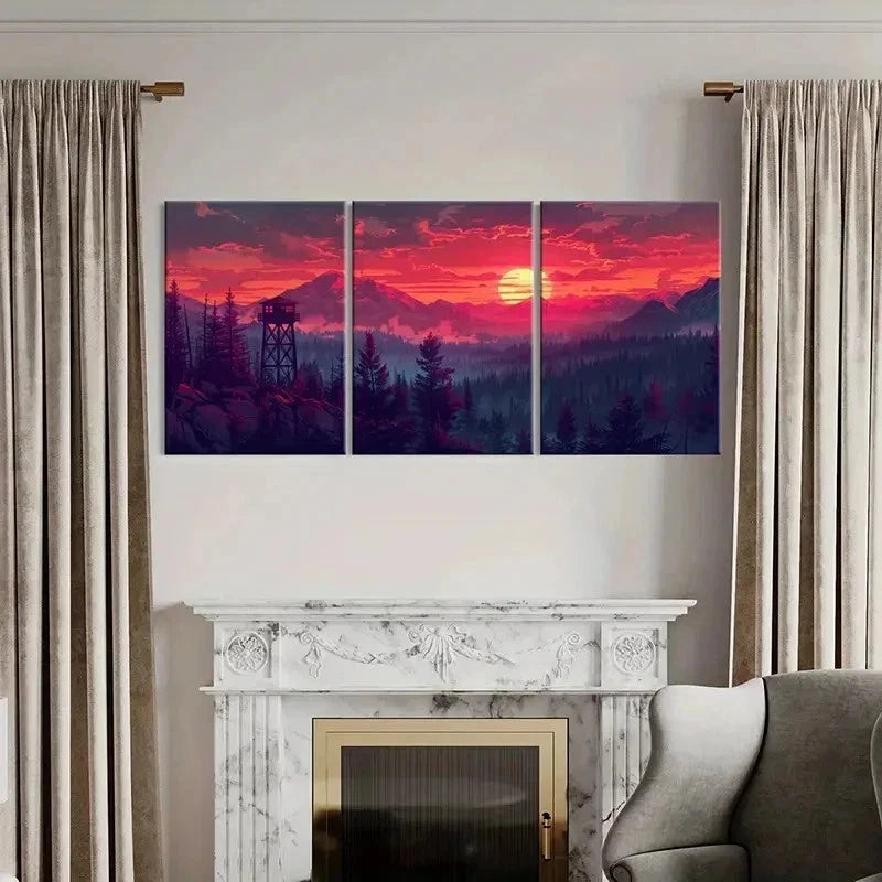 3pcs Sunset Red Sky Forest & Mountains Wall Art Set Canvas Framed 40x60cm - High Quality Print 100% Australian Made Wall Canvas Ready to Hang