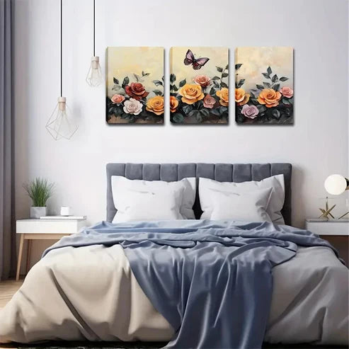 3pcs Pink Yellow Red Vintage Floral Natural Wall Art Set Canvas Unframed - High Quality Print 100% Australian Made Wall Canvas