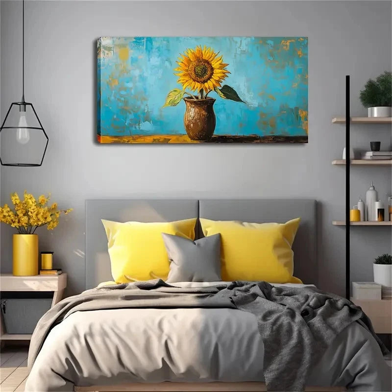 Sunflower In Clay Pot Modern Wall Art Canvas Office Home Room Framed 120x60cm