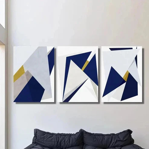 3pcs Geometric Golden and Blue Triangle Design Wall Art Canvas Unframed - High Quality Print 100% Australian Made Wall Canvas - Bella Home Decor