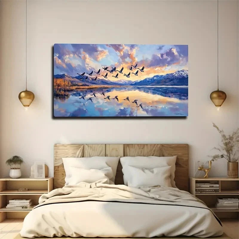 A Group Of Birds On The Lake Wall Art Canvas Office Home Room Framed 120x60cm