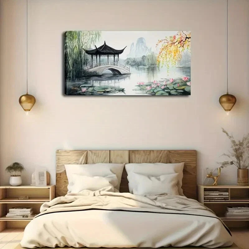 Serene Pavilion Stone Bridge Wall Art Canvas Office Home Room Framed 120x60cm - Bella Home Decor
