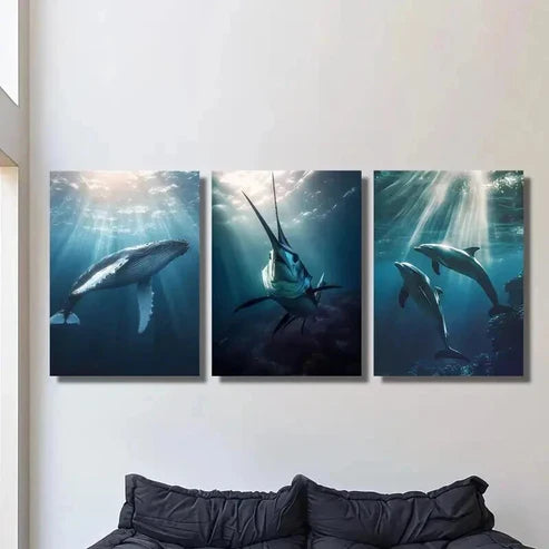 3pcs Diving Whale Swordfish & Dolphins Wall Art Set Canvas Unframed - High Quality Print 100% Australian Made Wall Canvas - Bella Home Decor