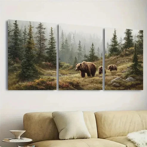 3pcs Mother Bear with Cubs Bear Spruce Forest Wall Art Set Canvas Unframed - High Quality Print 100% Australian Made Wall Canvas - Bella Home Decor