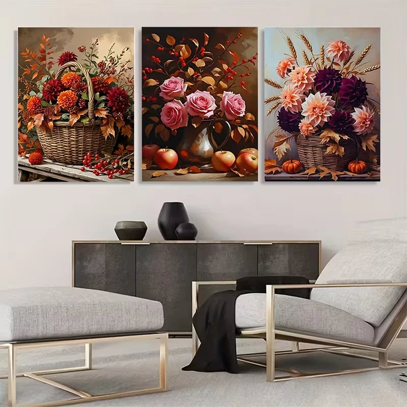 3pcs Autumn Harvest Flowers in Woven Baskets Wall Art Set Canvas Framed 40x60cm - High Quality Print 100% Australian Made Wall Canvas Ready to Hang - Bella Home Decor