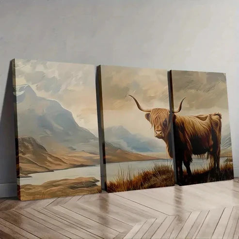 3pcs Scenic Landscape with Highland Cow Wall Art Set Canvas Unframed - High Quality Print 100% Australian Made Wall Canvas