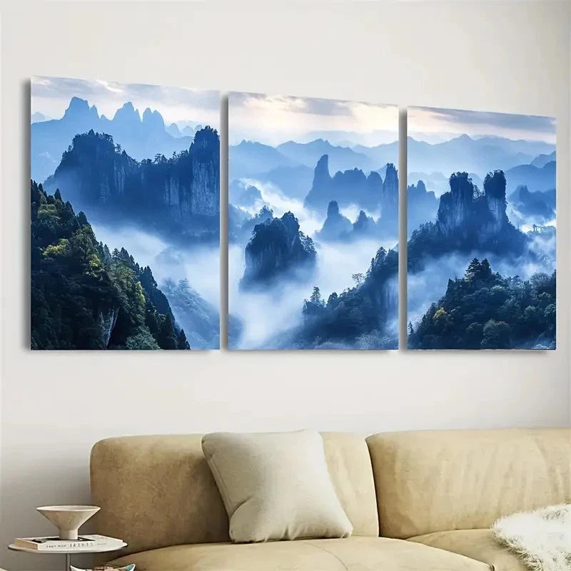 3pcs Misty Blue Mountains Chinese Landscape Wall Art Set Canvas Framed 60x90cm - High Quality Print 100% Australian Made Wall Canvas Ready to Hang