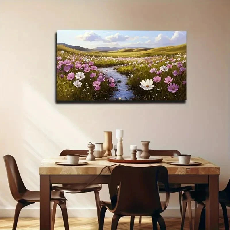 Vibrant Meadow Flowers Stream Wall Art Canvas Office Home Room Framed 120x60cm