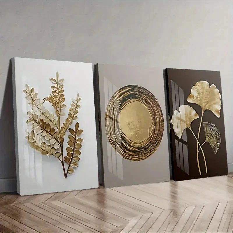 3pcs Golden Leaf Modern Abstract Wall Art Set Canvas Framed 50x70cm - High Quality Print 100% Australian Made Wall Canvas Ready to Hang - Bella Home Decor