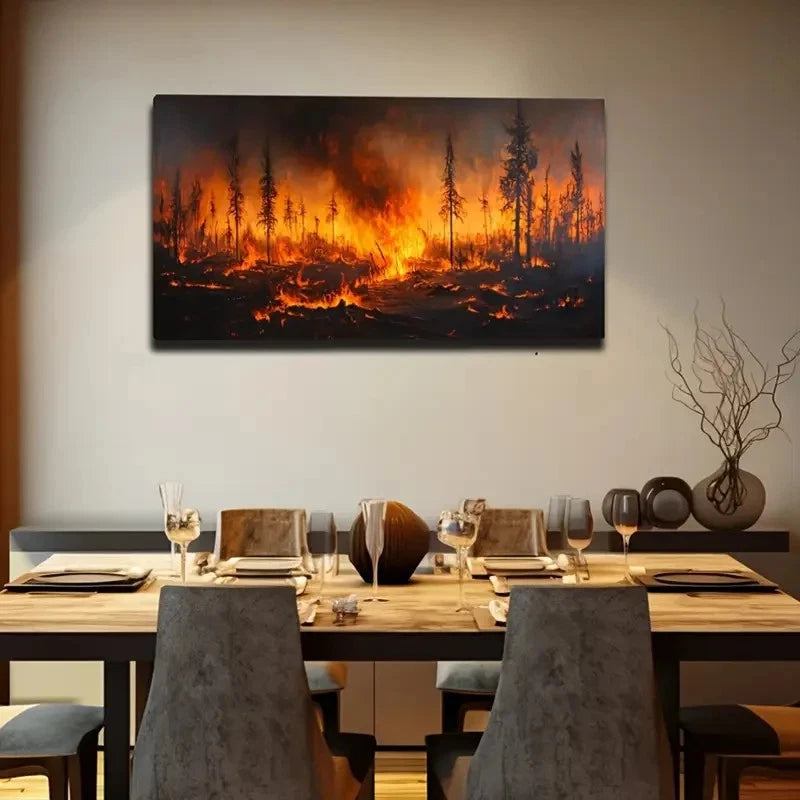 Dramatic Forest Fire Orange Wall Art Canvas Office Home Room Framed 120x60cm