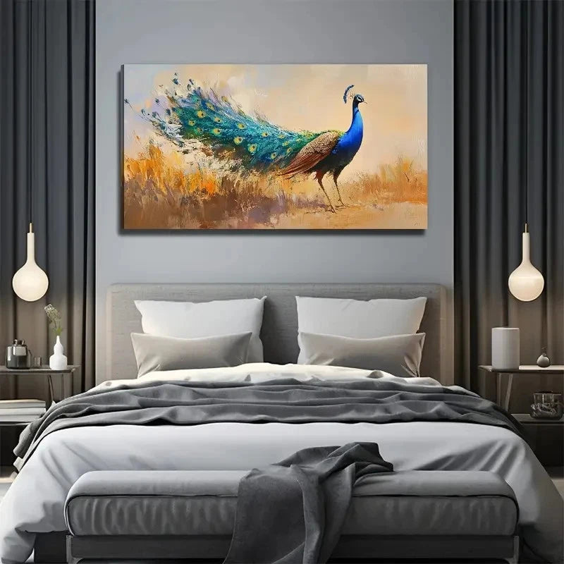 Peacock On The Prairie Wall Art Canvas Office Home Room Framed 120x60cm