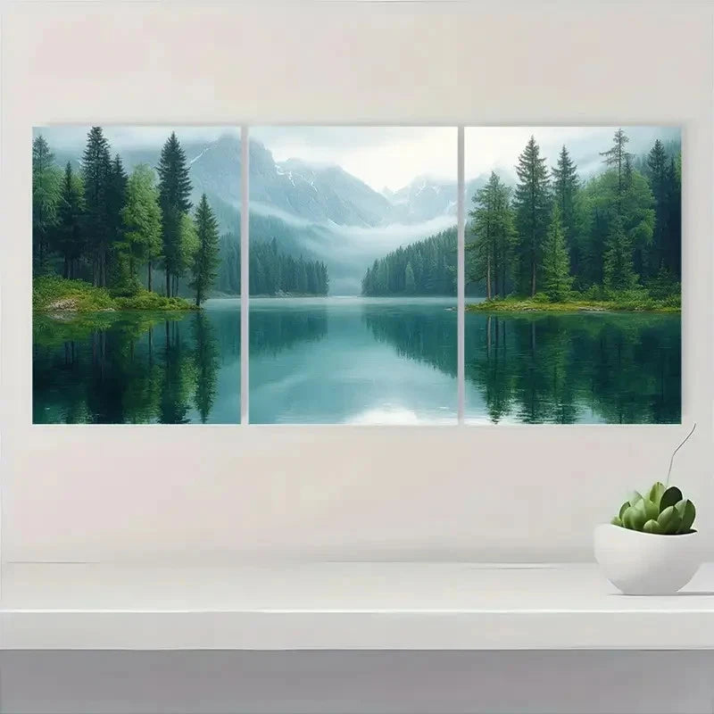 3pcs Emerald Green Pastel Pine Tree Forest HJ Wall Art Set Canvas Framed 40x60cm - High Quality Print 100% Australian Made Wall Canvas Ready to Hang