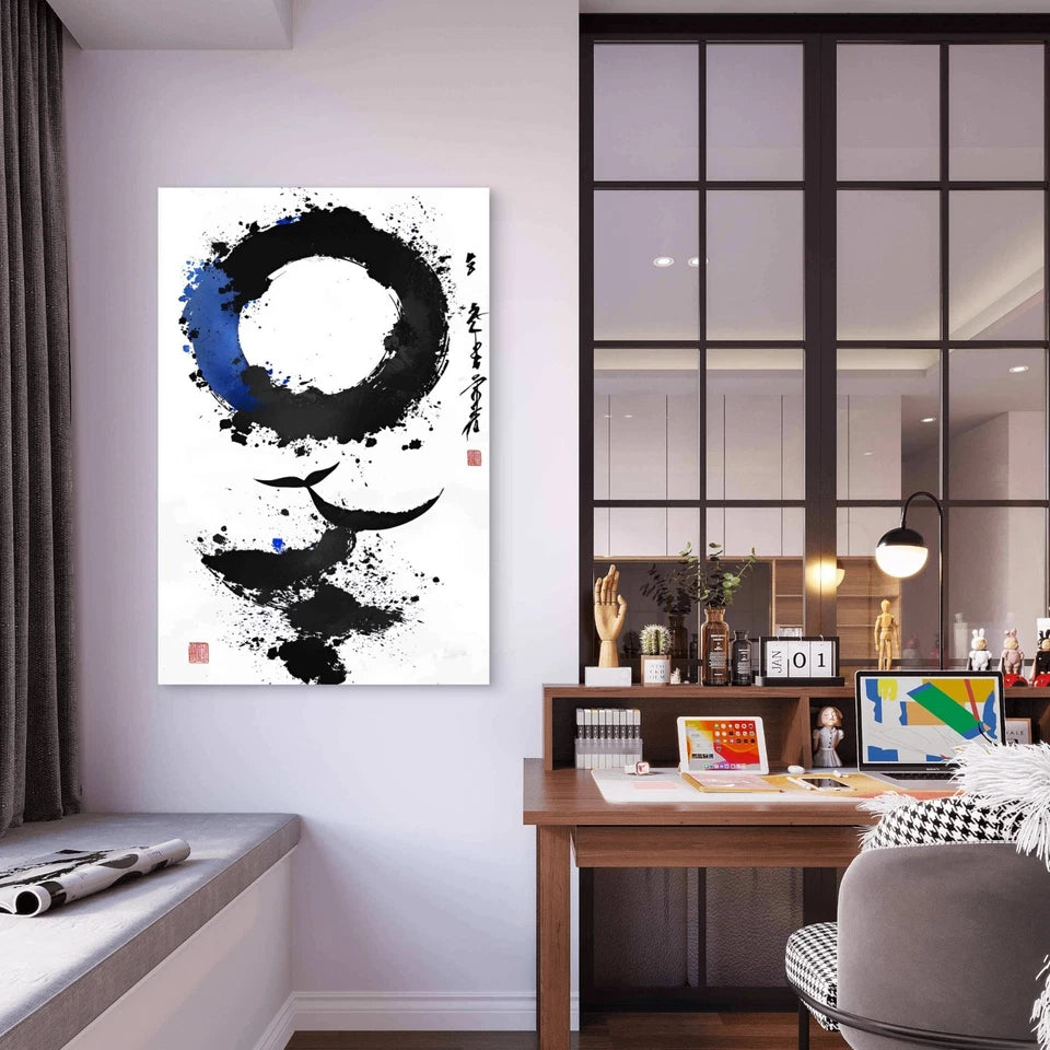 Abstract Ink Painting Whale Tail Circle 40x60cm Metal Print Ready to Hang