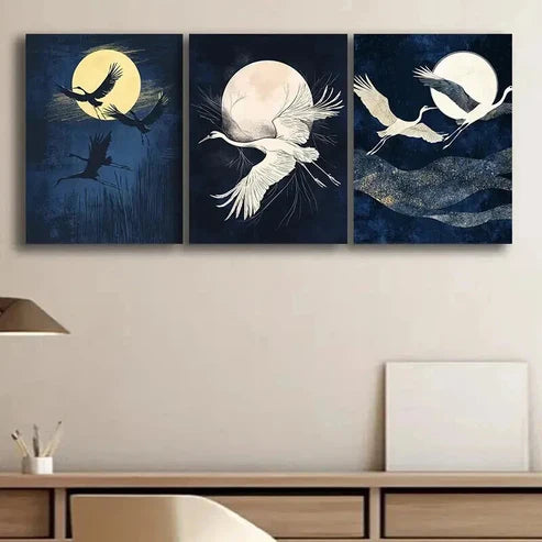 3pcs Cranes Fly Under the Moon Nature Perfect Wall Art Set Canvas Unframed - High Quality Print 100% Australian Made Wall Canvas - Bella Home Decor