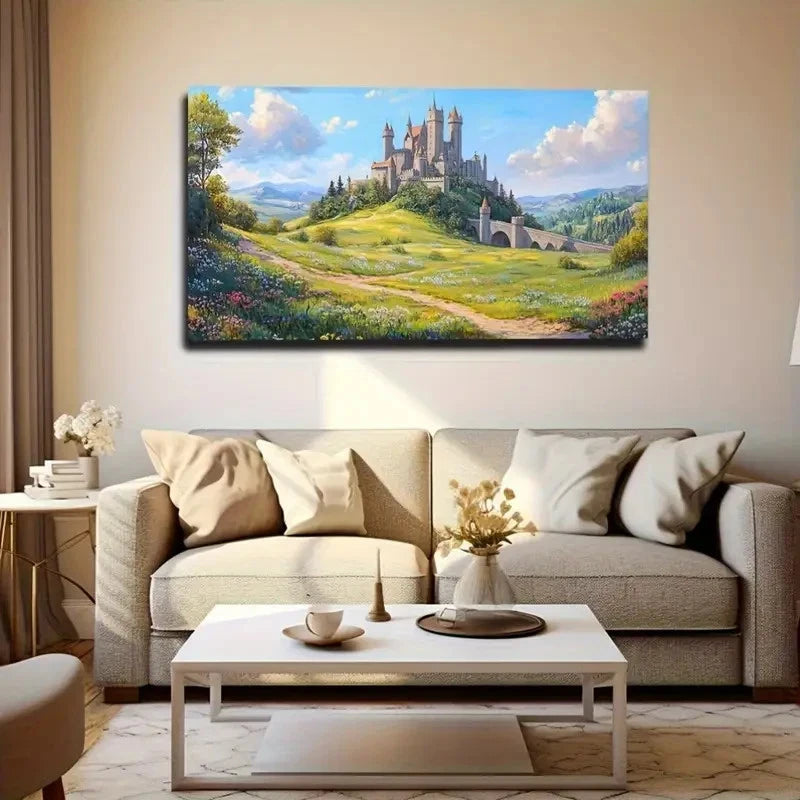 Enchanting Castle Landscape Wall Art Canvas Office Home Room Framed 120x60cm