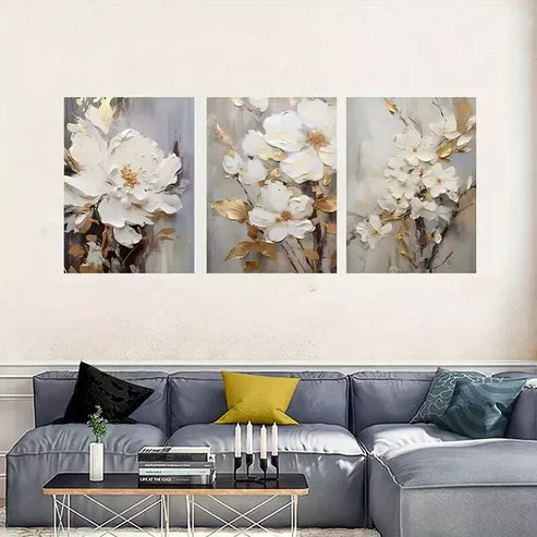 3pcs Abstract White Floral Canvas Framed 60x90cm - High Quality Print 100% Australian Made Wall Canva