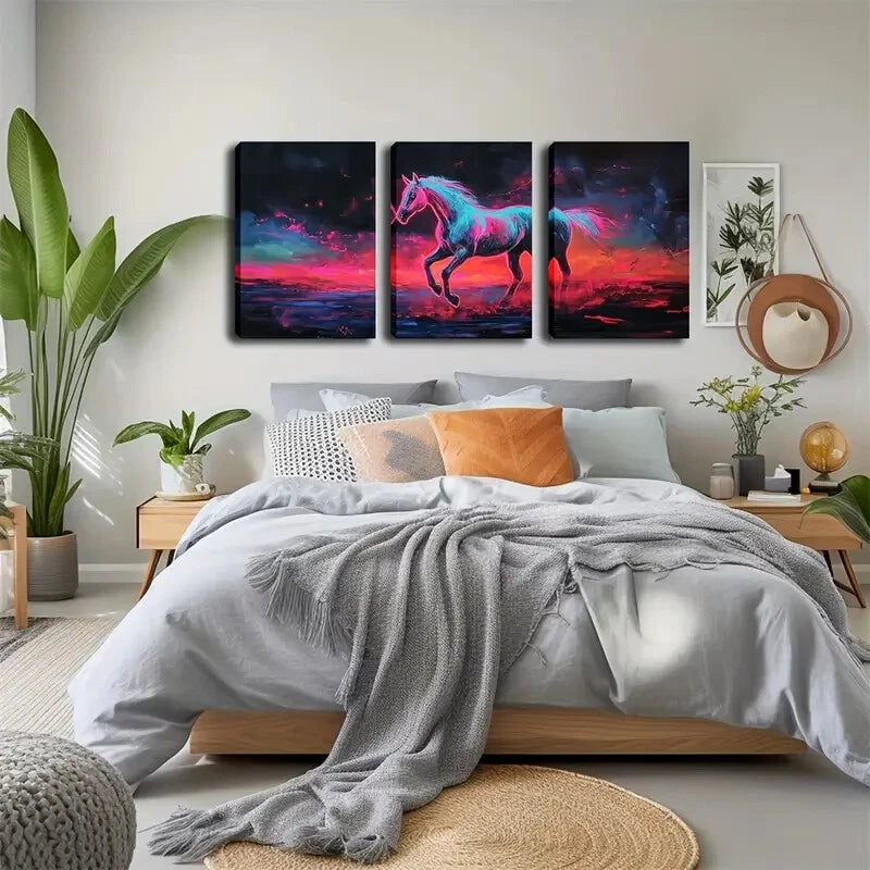 3pcs Silvery Horse Standing On The Black Perfect Wall Art Set Canvas Framed 40x60cm - High Quality Print 100% Australian Made Wall Canvas Ready to Hang - Bella Home Decor