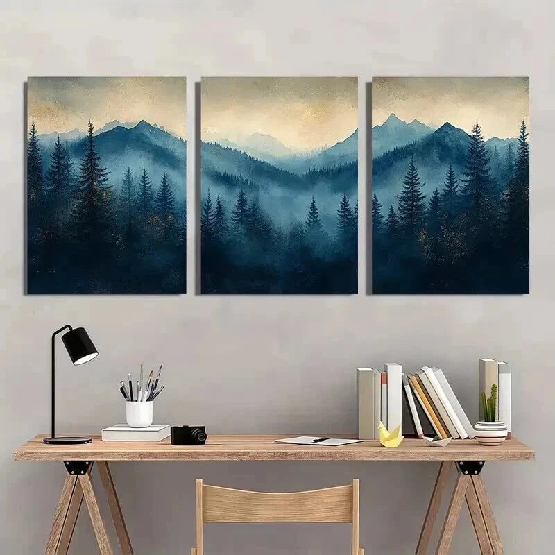 3pcs Blue & Golden Glitter Misty Forest Wall Art Set Canvas Framed 50x70cm - High Quality Print 100% Australian Made Wall Canvas Ready to Hang - Bella Home Decor
